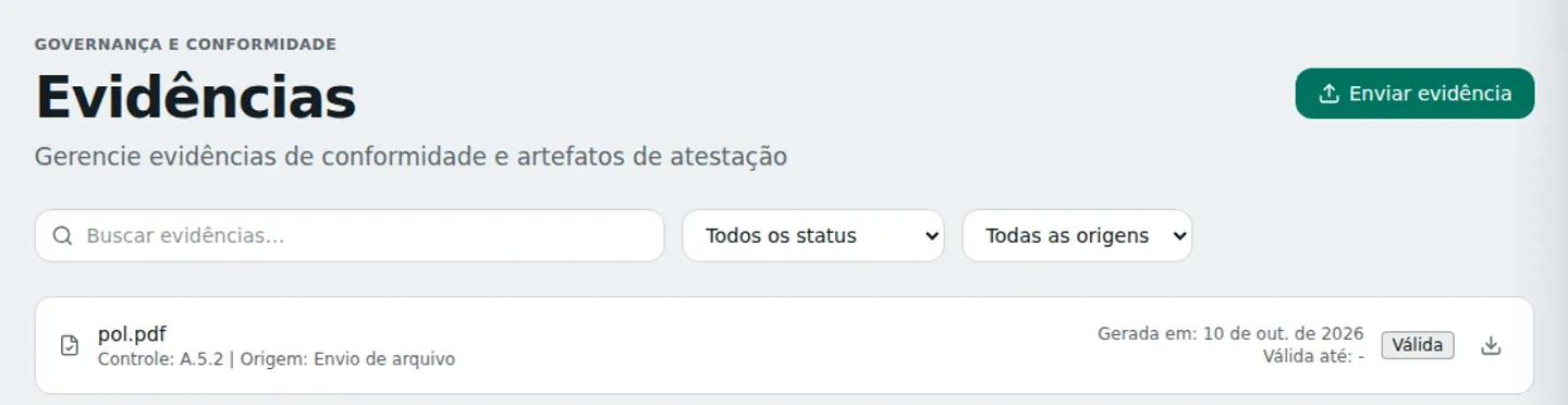 Lista de evidências ligadas a um controle da ISO/IEC 27001, com data de geração e status.