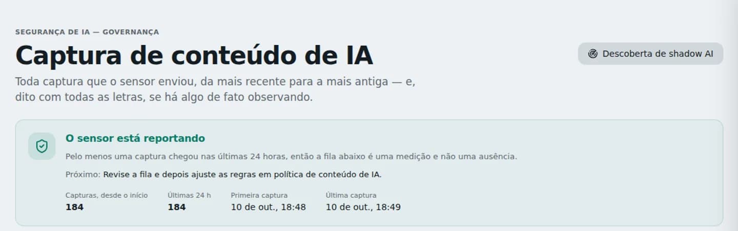 Tela de captura de conteúdo de IA: o sensor está reportando, com o total de capturas e a data da primeira e da última.